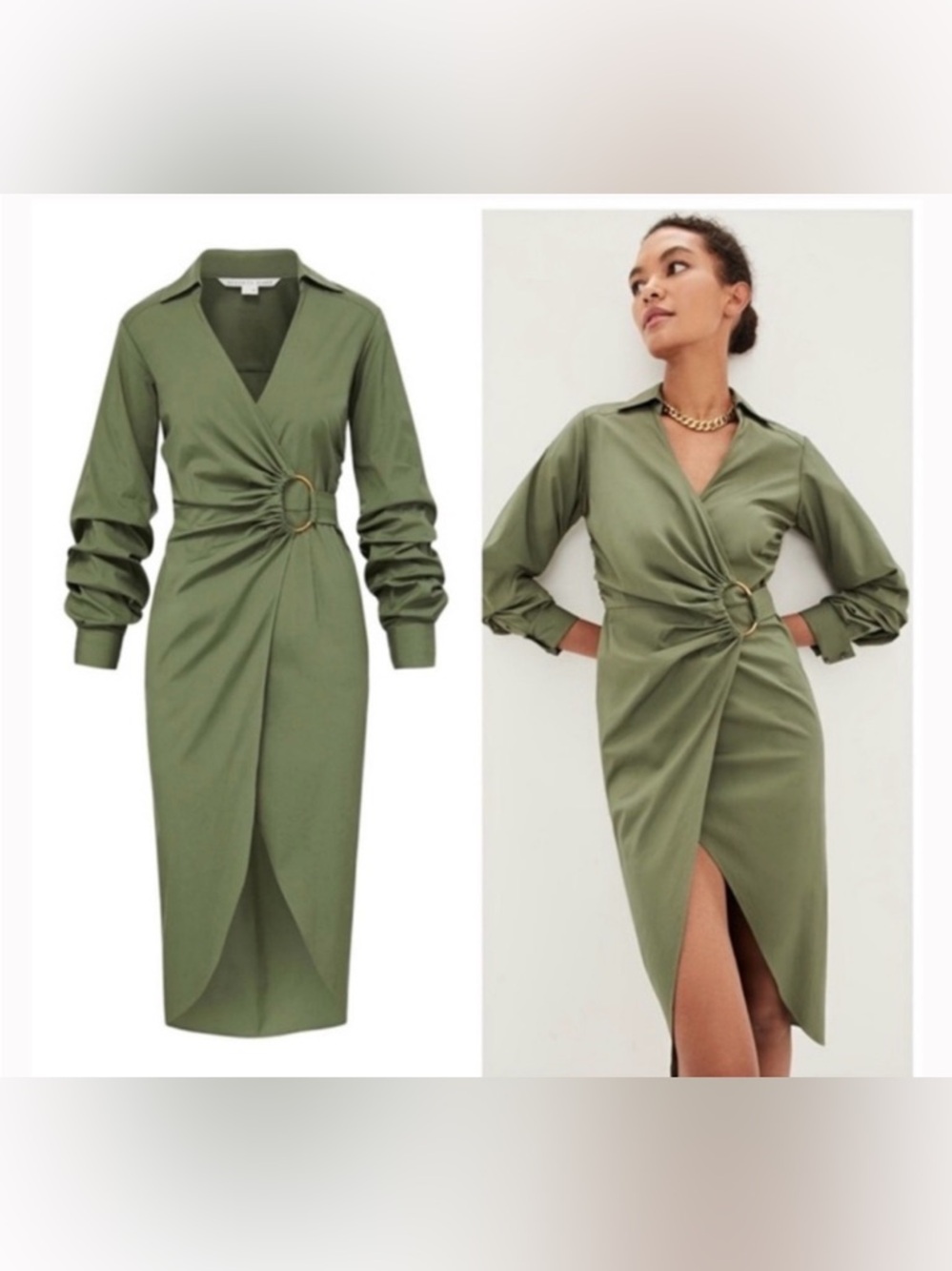 Veronica Beard Afton Olive Wrap Midi Dress with Gold Ring